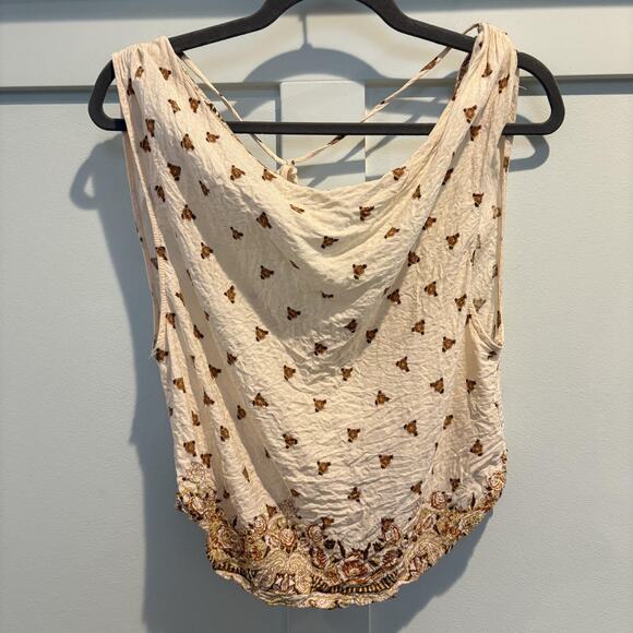Free People Top Womens Small Ivory Draped Cowl Neck Boho Border Print Sleeveless - Picture 1 of 11